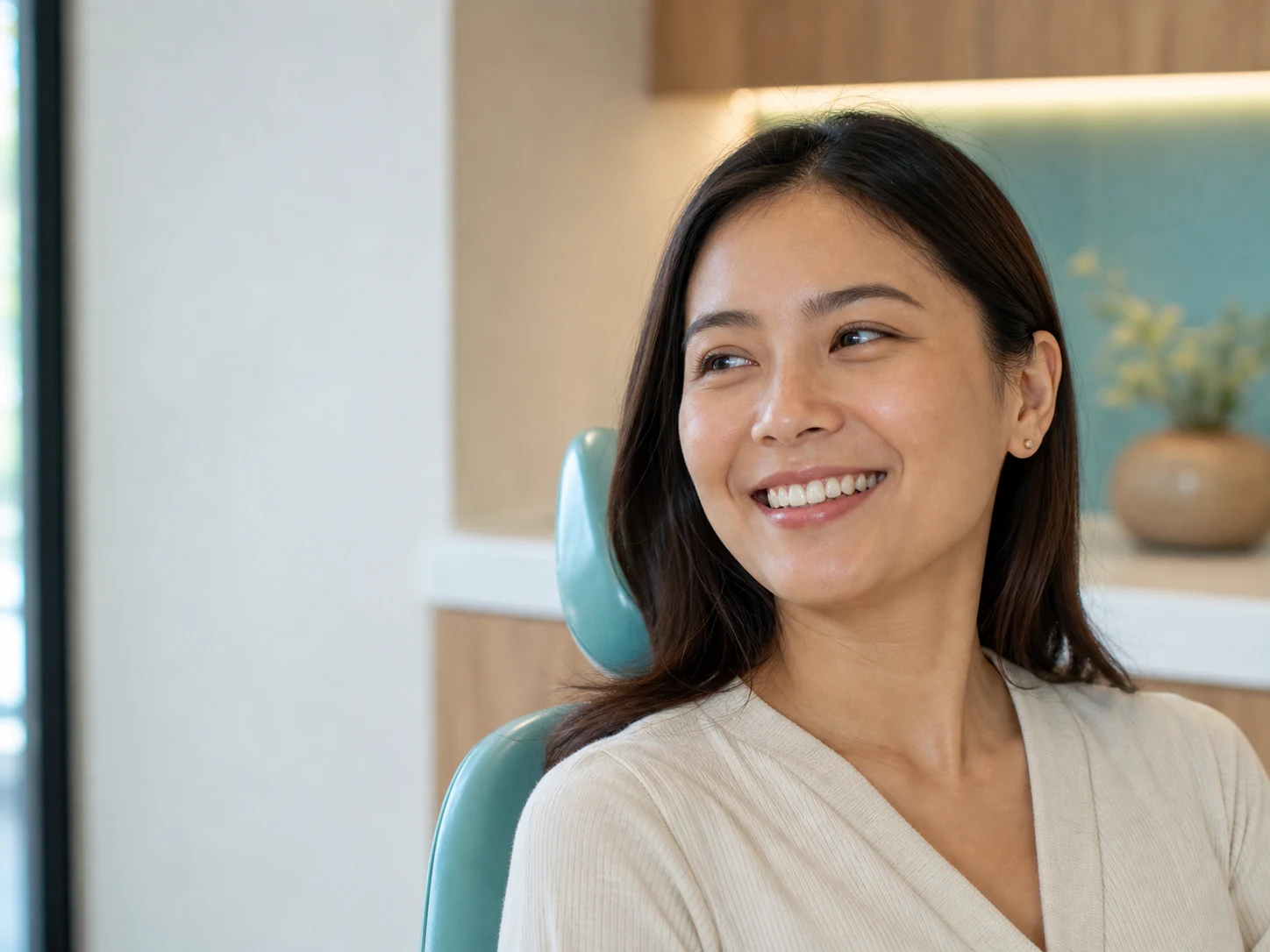 Illustrative portrait of a smiling Filipino adult in a calm dental consultation room