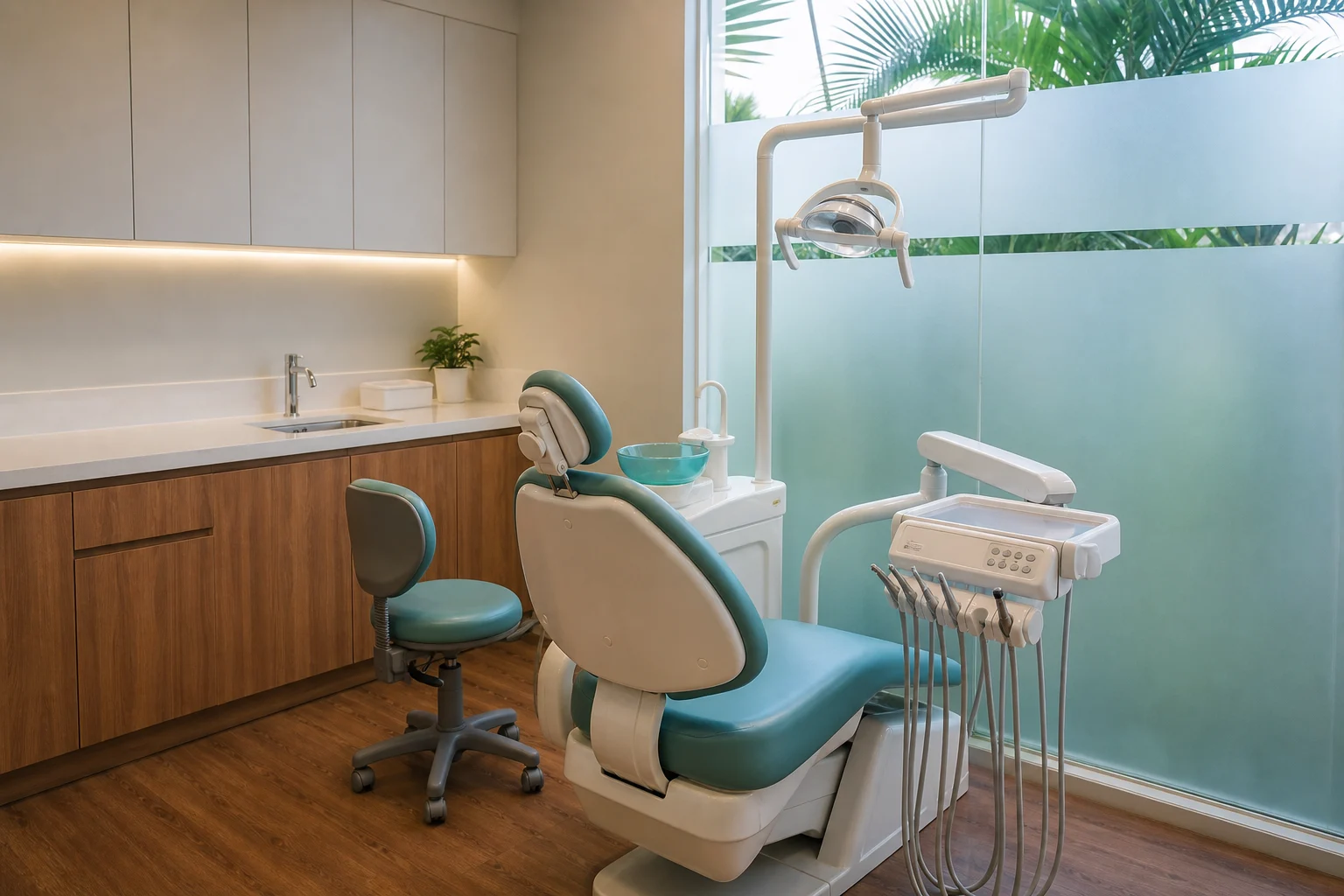 Clean, warm, and well-lit dental treatment room